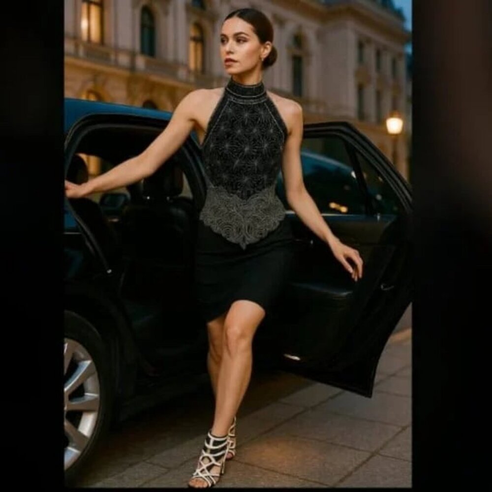 ADRIANNA PAPELL EVENING Formal Black Silk Beaded Halter Top M MSRP $245 NWT